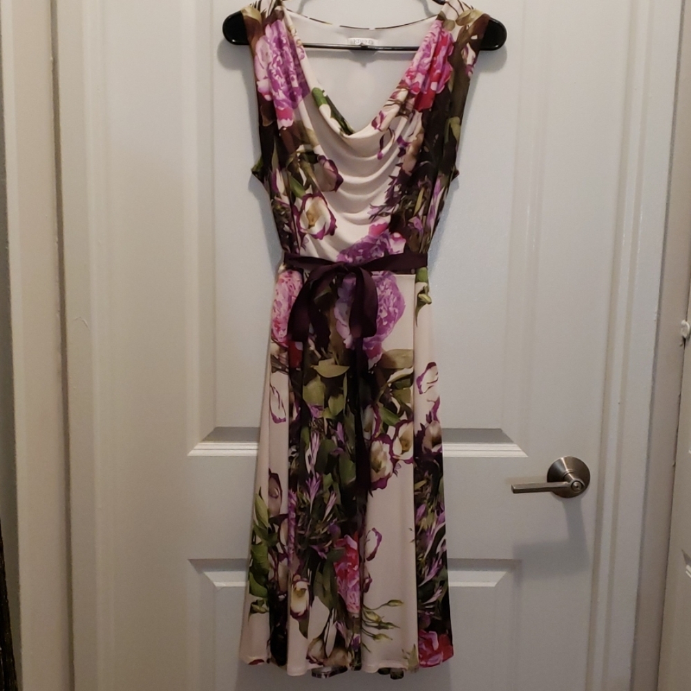 Purple & white floral dress with cowl neck